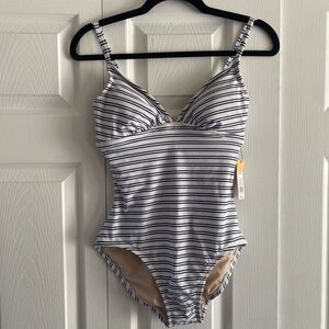 Kona Sol High Coverage One Piece Swimsuit Womens XS White Navy Blue Striped